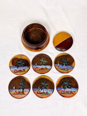 Vintage Mastercraft Treenware Turned Wood Set of Jamaica Souvenir Drink Coasters